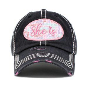 NWT Black Womens Distressed  Washed Vintage Baseball Cap "She is.. Ball Cap Hat
